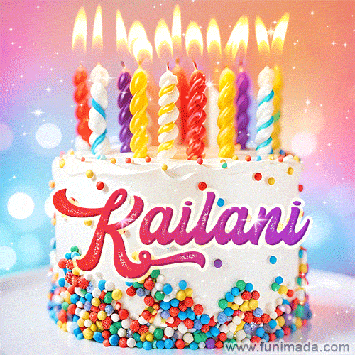 Personalized for Kailani elegant birthday cake adorned with rainbow sprinkles, colorful candles and glitter