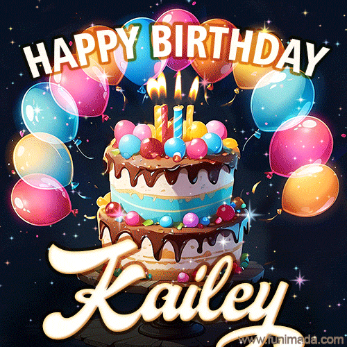 Hand-drawn happy birthday cake adorned with an arch of colorful balloons - name GIF for Kailey