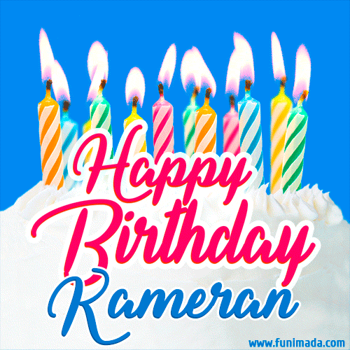 Happy Birthday GIF for Kameran with Birthday Cake and Lit Candles
