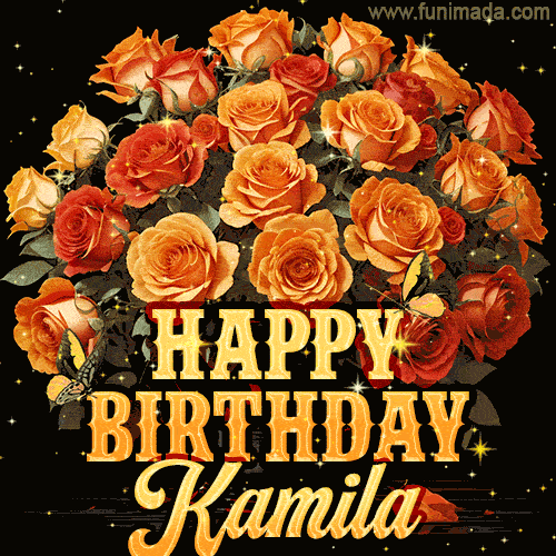 Beautiful bouquet of orange and red roses for Kamila, golden inscription and twinkling stars