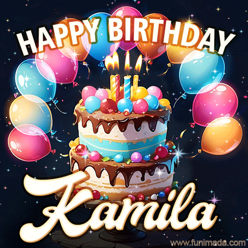 Hand-drawn happy birthday cake adorned with an arch of colorful balloons - name GIF for Kamila