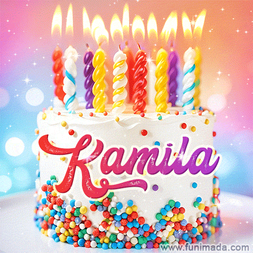 Personalized for Kamila elegant birthday cake adorned with rainbow sprinkles, colorful candles and glitter