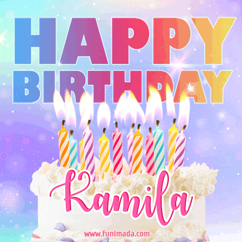 Animated Happy Birthday Cake with Name Kamila and Burning Candles