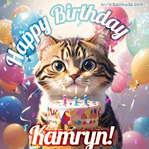 Happy birthday gif for Kamryn with cat and cake