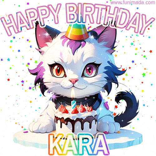 Cute cosmic cat with a birthday cake for Kara surrounded by a shimmering array of rainbow stars