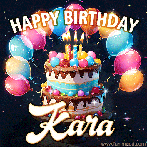 Hand-drawn happy birthday cake adorned with an arch of colorful balloons - name GIF for Kara
