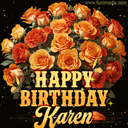 Beautiful bouquet of orange and red roses for Karen, golden inscription and twinkling stars