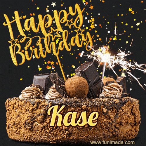 Celebrate Kase's birthday with a GIF featuring chocolate cake, a lit sparkler, and golden stars