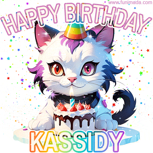 Cute cosmic cat with a birthday cake for Kassidy surrounded by a shimmering array of rainbow stars