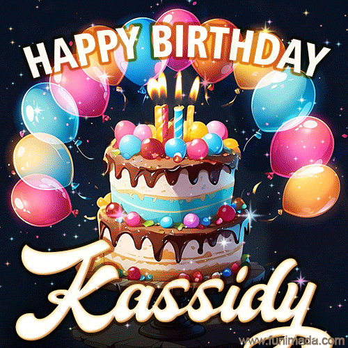 Hand-drawn happy birthday cake adorned with an arch of colorful balloons - name GIF for Kassidy