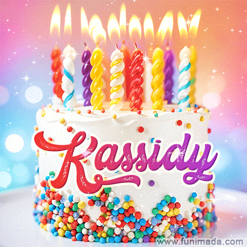 Personalized for Kassidy elegant birthday cake adorned with rainbow sprinkles, colorful candles and glitter