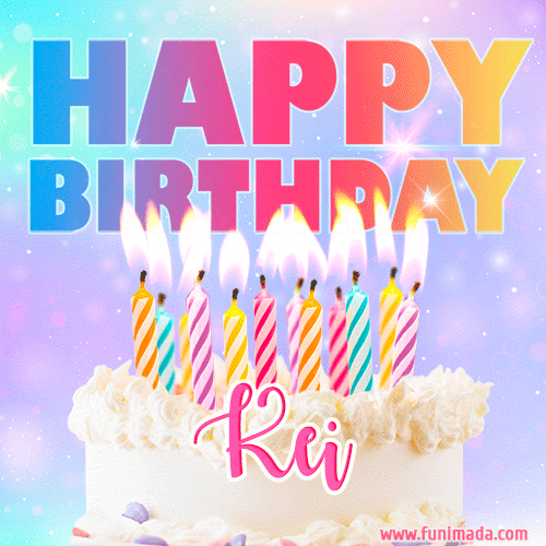 A vibrant animated name GIF with the words 'Happy Birthday Kei' with colorful candles on a creamy cake. The background sparkles with pastel shades, adding a festive touch.