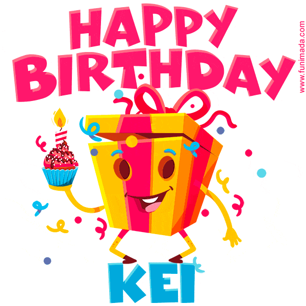 A vibrant and funny gift box character with a happy face dancing with a cupcake and the text 'Happy Birthday Kei,' surrounded by animated confetti and party vibes.