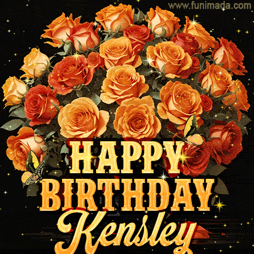 Beautiful bouquet of orange and red roses for Kensley, golden inscription and twinkling stars