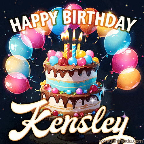 Hand-drawn happy birthday cake adorned with an arch of colorful balloons - name GIF for Kensley