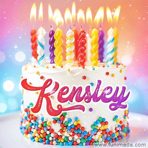 Personalized for Kensley elegant birthday cake adorned with rainbow sprinkles, colorful candles and glitter
