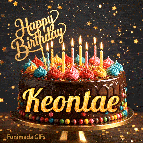 Happy Birthday Keontae animated GIF displaying a chocolate drip cake decorated with multicolored icing and lit candles.