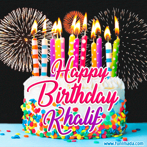 Amazing Animated GIF Image for Khalif with Birthday Cake and Fireworks