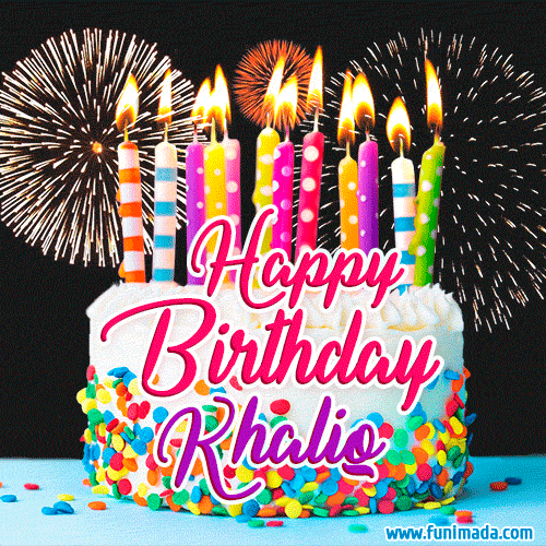 Amazing Animated GIF Image for Khaliq with Birthday Cake and Fireworks