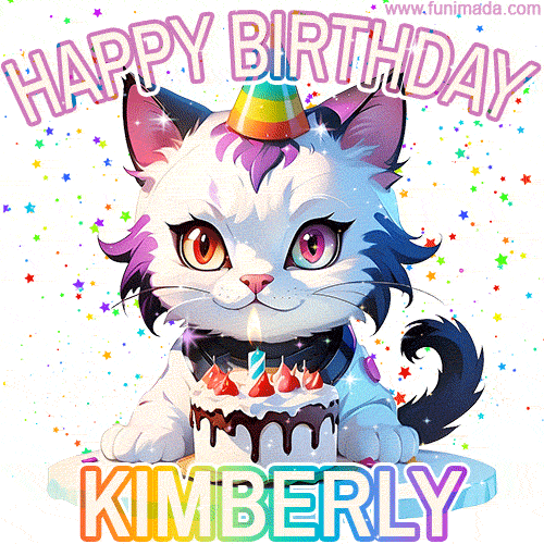 Cute cosmic cat with a birthday cake for Kimberly surrounded by a shimmering array of rainbow stars