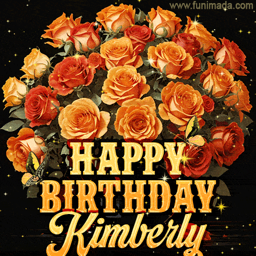 Beautiful bouquet of orange and red roses for Kimberly, golden inscription and twinkling stars