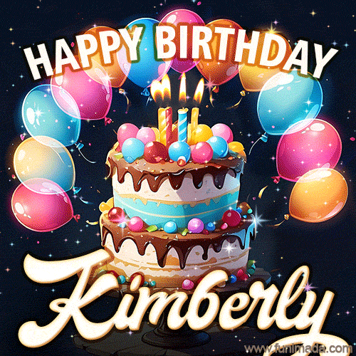 Hand-drawn happy birthday cake adorned with an arch of colorful balloons - name GIF for Kimberly