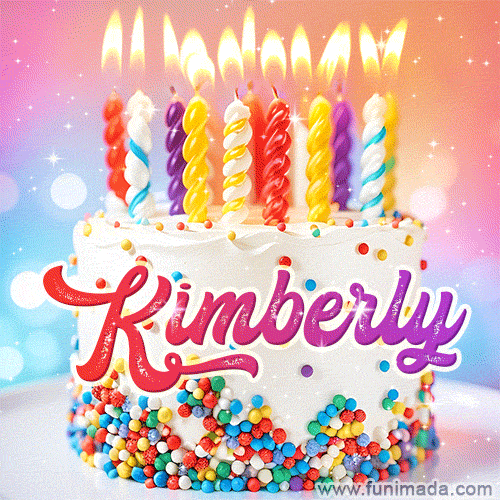 Personalized for Kimberly elegant birthday cake adorned with rainbow sprinkles, colorful candles and glitter