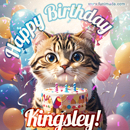 Happy birthday gif for Kingsley with cat and cake