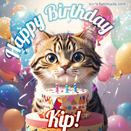 Happy birthday gif for Kip with cat and cake