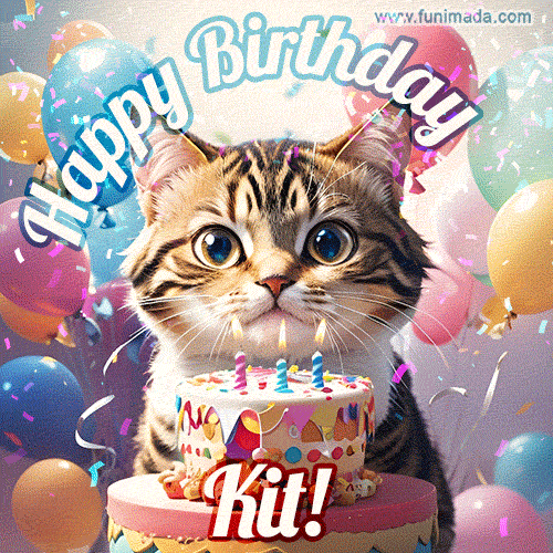 Happy birthday gif for Kit with cat and cake