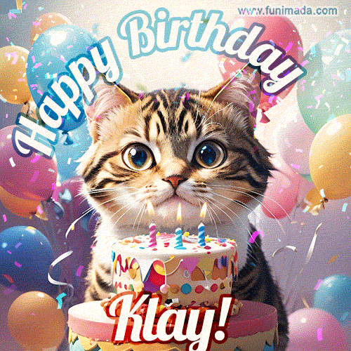 Happy birthday gif for Klay with cat and cake