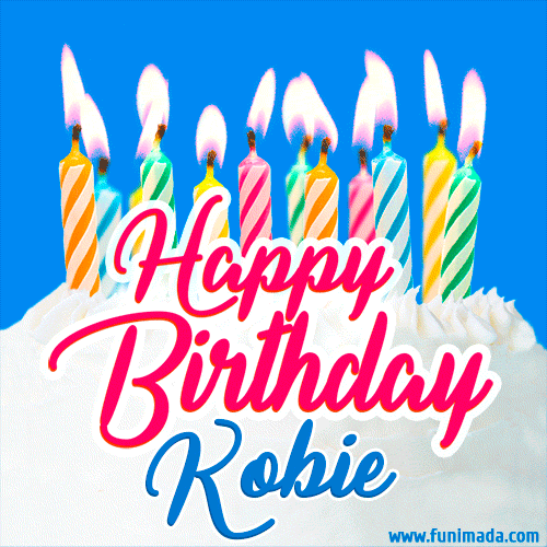 Happy Birthday GIF for Kobie with Birthday Cake and Lit Candles