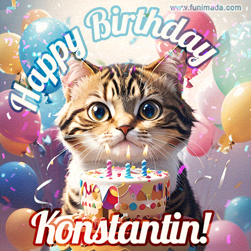 Happy birthday gif for Konstantin with cat and cake