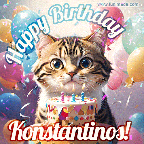 Happy birthday gif for Konstantinos with cat and cake
