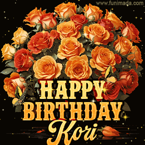 Beautiful bouquet of orange and red roses for Kori, golden inscription and twinkling stars
