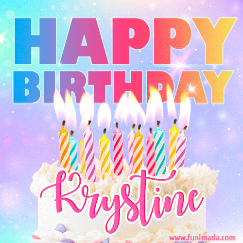 Animated Happy Birthday Cake with Name Krystine and Burning Candles