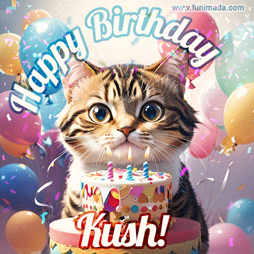Happy birthday gif for Kush with cat and cake