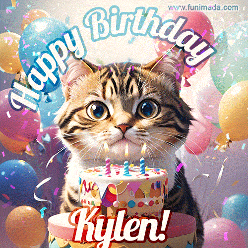 Happy birthday gif for Kylen with cat and cake