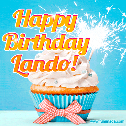 A cheerful animated GIF of a cupcake with creamy frosting, a red checkered ribbon, and a bright sparkler on top. The text 'Happy Birthday Lando!' is displayed in vibrant orange and red.