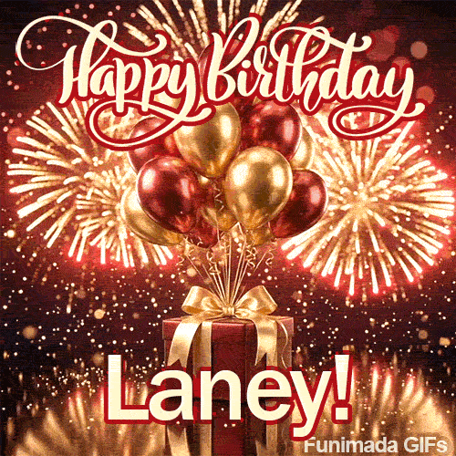 Metallic gold and burgundy balloons tied to a red gift box with a gold ribbon, custom-designed for Laney.