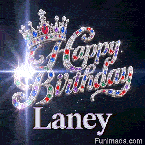 Large silver-white letters with metallic glow spelling Laney beneath diamond-encrusted Happy Birthday text.