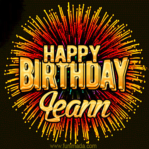 Golden 'Happy Birthday Leann' text accompanied by animated rainbow fireworks for a festive animated greeting.