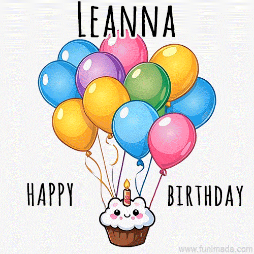 An adorable and cute cupcake with a smiley face and moving colorful balloons create a joyful birthday greeting for Leanna in this cheerful animated greeting E-card.