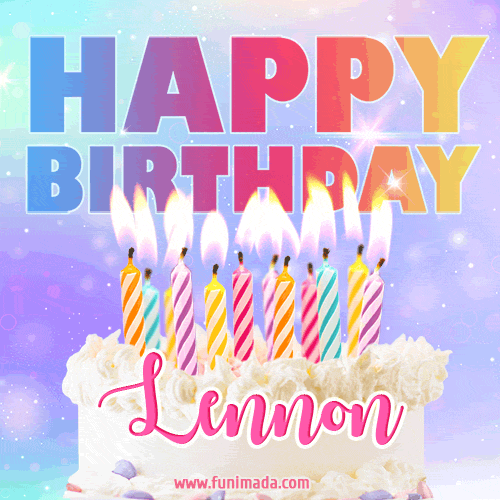 Animated Happy Birthday Cake with Name Lennon and Burning Candles