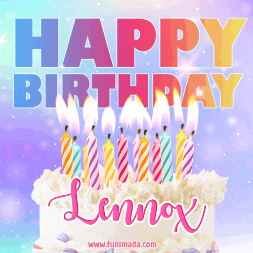 Animated Happy Birthday Cake with Name Lennox and Burning Candles