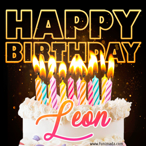 Leon - Animated Happy Birthday Cake GIF for WhatsApp