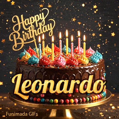 Lit birthday candles on a chocolate drip cake decorated with sprinkles and a gold glitter sign, made for Leonardo.