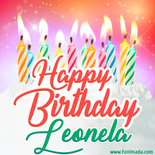Happy Birthday GIF for Leonela with Birthday Cake and Lit Candles