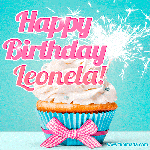 Happy Birthday Leonela! Elegang Sparkling Cupcake GIF Image.
