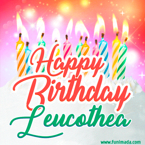 Happy Birthday GIF for Leucothea with Birthday Cake and Lit Candles